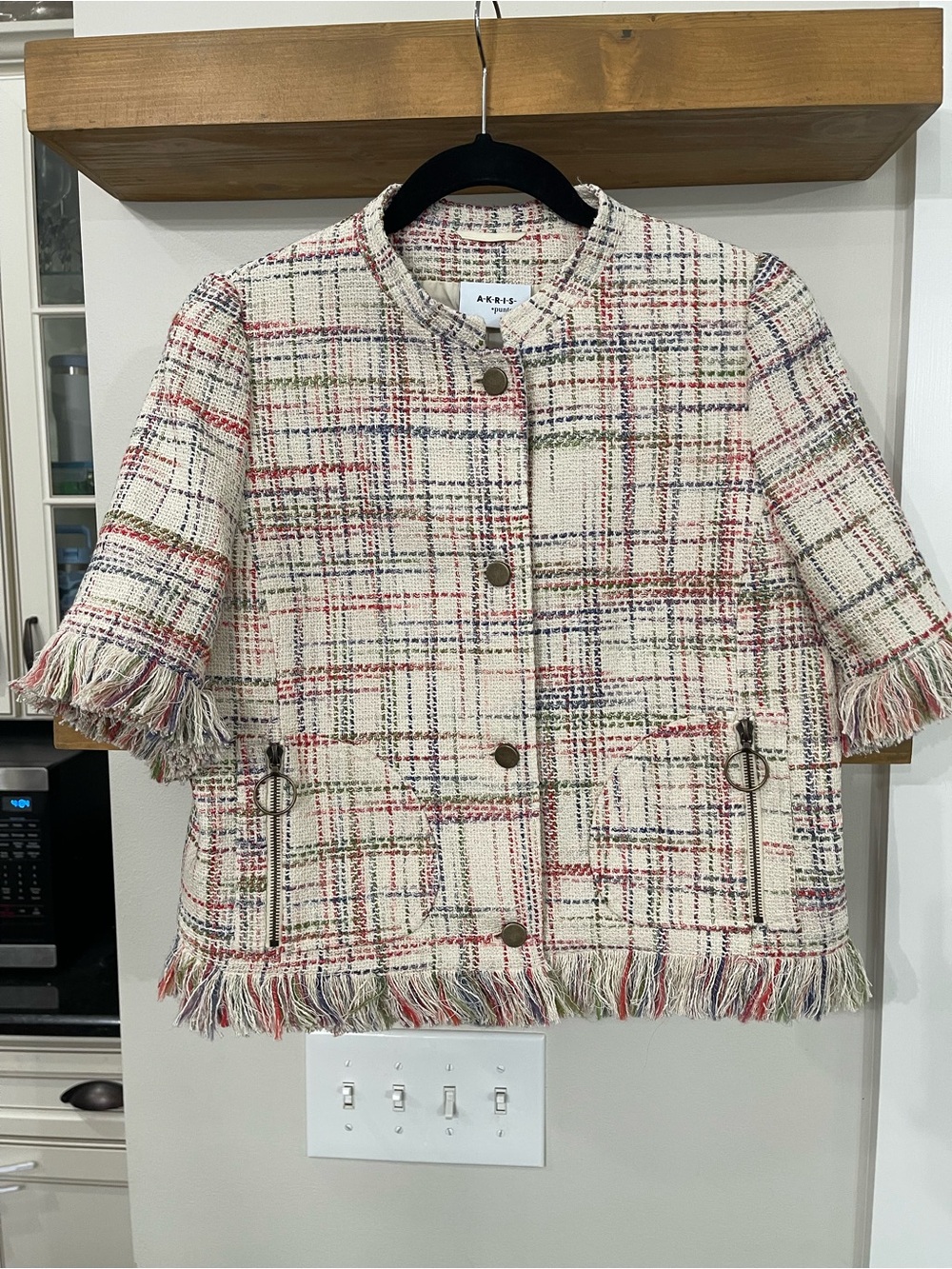 $1,590 Akris Cream Multicolor Tweed Fringe Blazer